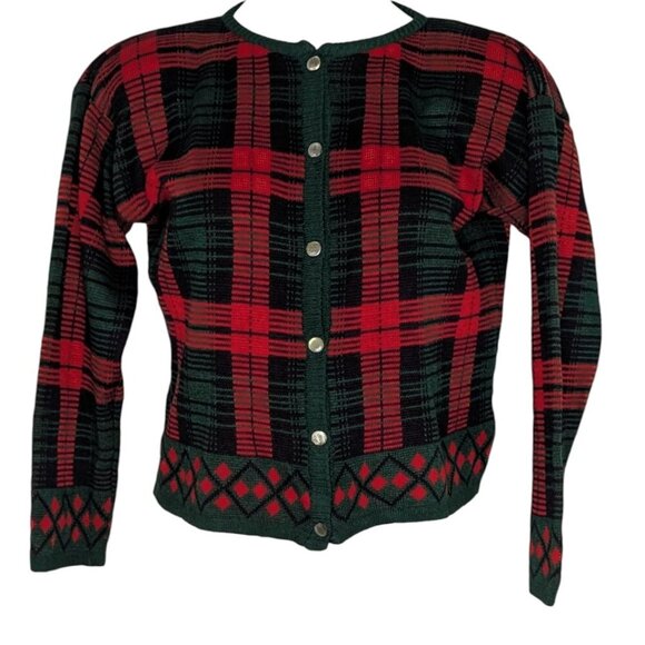 VTG Red Green Tartan Plaid Argyle Metal Button Up Knit Cardigan Academia Revival - Picture 1 of 6